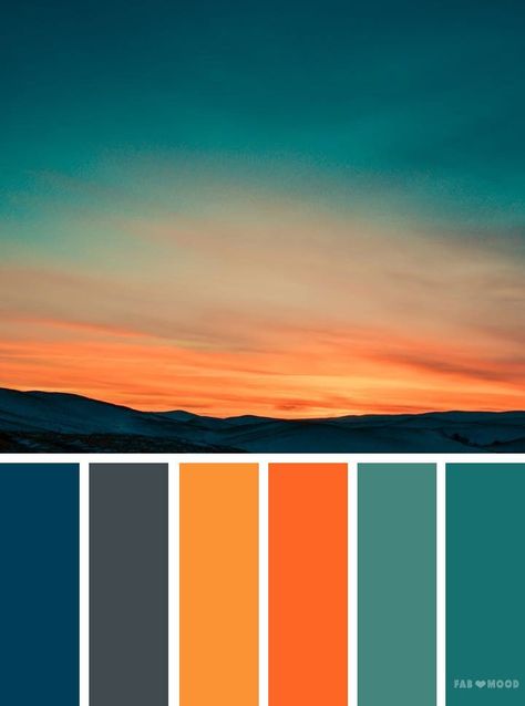 Orange teal sky inspired color palette #color #colorscheme #inspiration Orange And Blue Color Palette, Design Seed, Orange Color Palettes, Blue Color Palette, Color Schemes Colour Palettes, Bedroom Color Schemes, Design Seeds, Wedding Color Palette, Colour Board