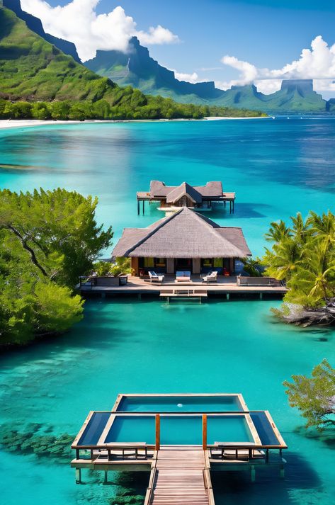 Experience the magic of Bora Bora, where volcanic peaks and overwater bungalows meet. This Pacific paradise offers turquoise lagoons, vibrant coral reefs, and luxurious relaxation. #BoraBora #TravelGoals #Paradise Bora Bora House, Bora Bora Bungalow, Overwater Bungalows, Beautiful Vacations, Ocean Sounds, Global Travel, Coral Reefs, Bora Bora, White Sand Beach