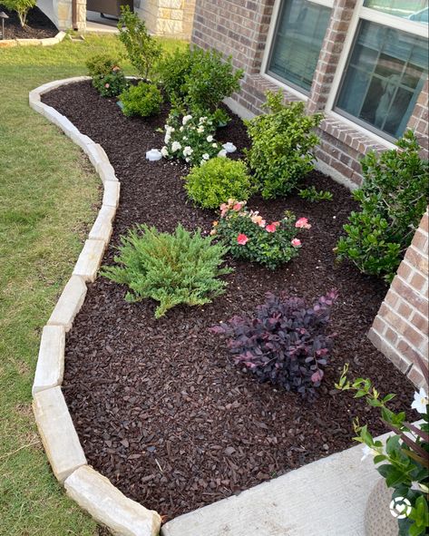 Front yard flowerbed makeover, drift roses, rubber mulch, stone edging for flowerbed, Home Depot style, flowerbed ideas Front Lawn Landscaping, Outdoor Pallet, Yard Garden Design, Front Garden Landscape, Small Front Yard Landscaping, Small Front Yard, Yard Landscaping Simple, Front Yard Design, Front Yard Garden Design