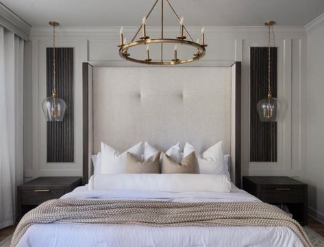 Guest Bedroom Chandelier, Rh Wall Decor, Chandelier For Master Bed, Hotel Glam Bedroom, Glam Transitional Bedroom, Glam Neutral Bedroom, Oversized Headboard Master Bedrooms, Tall Headboard Ideas, Primary Bedroom Chandelier