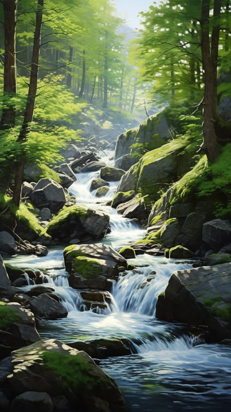 Flowing Water Painting, Forest River Painting, Forest Stream Painting, Stream Drawing, Waterfall In Forest, Stream Painting, Shop Mural, Forest Artwork, Plane Flying