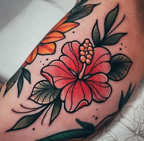 Hibiscus Neotraditional Tattoo, Traditional Purple Tattoo, Neo Traditional Hibiscus Tattoo, American Traditional Aquatic Tattoo, Cute Neotraditional Tattoo, Tattoo Ideas Female Traditional, Flash Tattoo Designs Neo Traditional, Neo Trad Sleeve, Tattoo Ideas Female Colorful