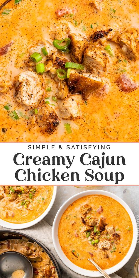 Deliciously creamy, rich, and full of flavor, this Cajun chicken soup is quick and easy to make but restaurant-quality in taste. Positively delicious and naturally low carb. Creamy Cajun Chicken Soup, Cajun Chicken Soup, Creamy Cajun Chicken, Creamy Cauliflower, Cajun Chicken, Soup Season, Cajun Recipes, Chicken Soup Recipes, Soup And Sandwich