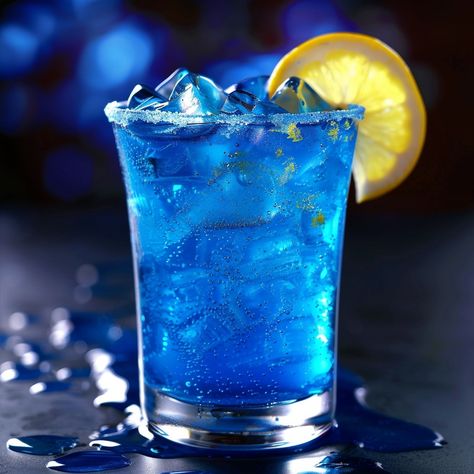 🌌 Try our Midnight Blue Cocktail for a mesmerizing evening! #BlueCocktail Midnight Blue Cocktail Ingredients: Blue curaçao (1 oz) Vodka (1 oz) Lemonade (2 oz) Lemon slice (for garnish) Instructions: Combine blue curaçao, vodka, and lemonade in a shaker with ice. Shake well and strain into a chilled glass. Garnish with a lemon slice. 🌠 Delight in the vibrant hues and refreshing taste of the Midnight Blue Cocktail—perfect for any celebration! #MidnightBlueMagic Blue Lemonade, Blue Curacao Mocktail Recipe, Blue Curacao Cocktails, Blue Lemonade Alcohol Drink, Cocktails With Blue Curacao, Blue Curacao Drinks, Electric Blue Lemonade, Twisted Recipes, Blue Cocktails