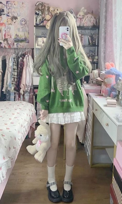 Green Outfits Aesthetic, Fantasy Cosplays, Cute Pastel Outfits, Irl References, Kawaii Green, Kawaii Outfit Ideas, Green Outfits, Harajuku Outfits, Pastel Outfit