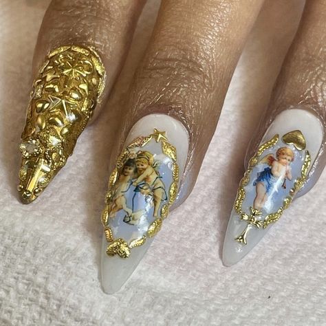 Angle Nails Design, Roman Nail Art, Cherub Angel Nails, Cherub Nail Art, Angel Nails Acrylic, Baroque Nail Art, Angelcore Nails, Angel Nails Designs, Cherub Nails