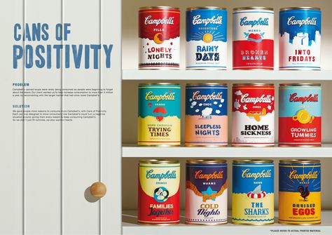 Campbell's Cans Of Positivity on Behance Organ Donation Poster, Campbell Soup Company, Advertising Awards, Campbell Soup, Vintage Packaging, Creative Package, Message Of Hope, Concept Board, Creative Packaging Design