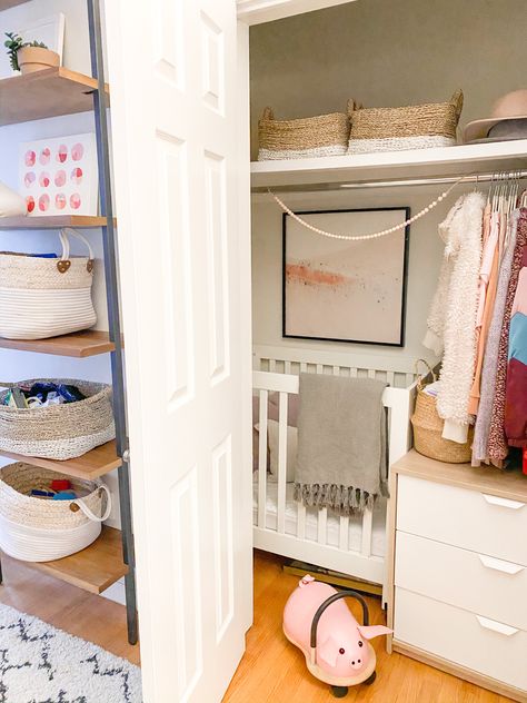 Nursery Nook In Closet, Closet Converted To Nursery, Crib In Corner Of Nursery, Crib In Closet Ideas, Walk In Closet Nursery Converted, Closet Turned Nursery, Open Closet Nursery, Closet Nursery Converted, Small Closet Nursery