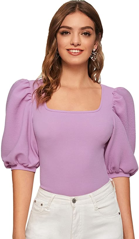 Square Neck Puff Sleeve Top, Como Fazer Short, Top Designs For Women, Blouse Size Chart, Sleeves Designs For Dresses, Top Shirt Women, Designs For Dresses, Puffy Sleeves, Puff Sleeve Top