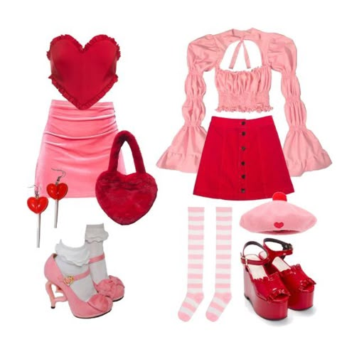 Lovecore Fashion Aesthetic, Cupidcore Outfits, Cupid Inspired Outfits, Love Core Outfits, Love Core Aesthetic Outfits, Lovecore Clothes, Pink Thigh Highs, Lovecore Outfits, Red Platforms