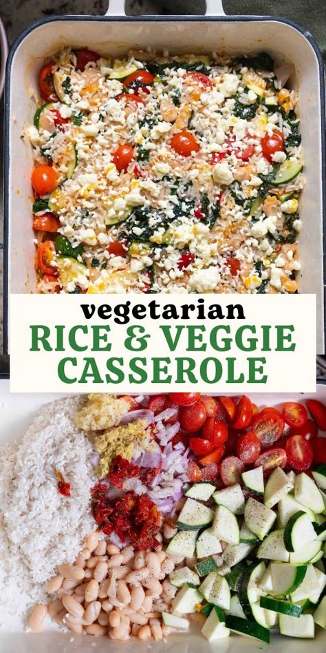 Zucchini, tomatoes, and kale combine with seasoned rice in this easy dump & bake veggie rice casserole. This vegetarian bake is great for weeknight dinners and requires just 15 minutes of active time! Loaded Veggie Casserole, Keto Vegetarian Dinner Recipes, Rice And Veggie Bake, Creative Veggie Recipes, Easy Casserole Recipes Vegetarian, Oven Dinner Recipes Vegetarian, Veggie Rice Casserole Recipes, Veggie Rice Bake, Vegetables Dinner Recipes