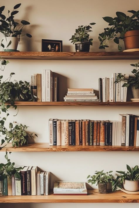 Maximize space and add style with DIY floating shelves. Perfect for small apartments and organized storage! #FloatingShelves #DIYOrganization #SpaceSaving Large Floating Book Shelves, Shelf For Books Wall, Diy Library Shelves Small Spaces, Making Small Shelves, Open Shelves Library, Long Book Shelves On Wall, Display Books On Shelves, Types Of Shelving, Narrow Book Shelf Ideas