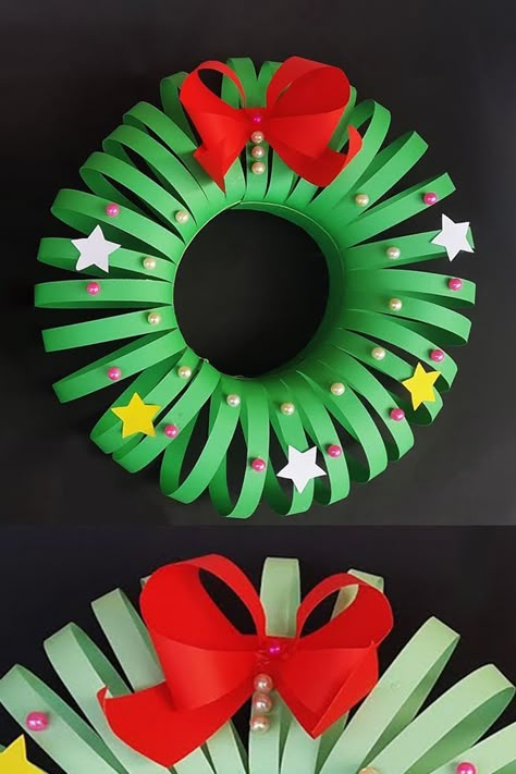 2d Christmas Decorations, Kids Paper Christmas Wreath, Diy Christmas Decor For Classroom Ideas, Christmas Classroom Decorations Diy, Wreath Out Of Paper, Christmas Decorations Diy Classroom, Christmas Decor Ideas Diy Classroom, Easy Paper Wreath, Paper Christmas Wreath For Kids