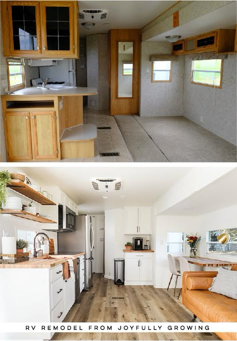 This RV remodel from JoyfullyGrowing will leave you speechless! See the before and after on MountainModernLife.com #rvremodel #camperremodel #rvrenovation #beforeafter #campertour #designvibes #camperenovation #camper #campermakeover #tinyhome #tinyliving Motorhome Remodel, Rv Remodeling, Rv Redo, Rv Interior Remodel, Camper Remodeling, Camper Redo, Camping Vintage, Camper Trailer Remodel, Camper Reno