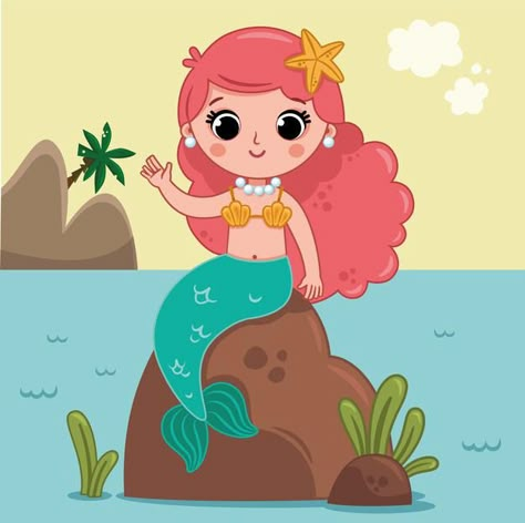 Mermaids Reference, Mermaid Sitting On A Rock, Mermaid On Rock, Summer Character, Mermaid Sitting, Mermaid Vector, Mermaid Cartoon, Water Kids, Mermaid Kids