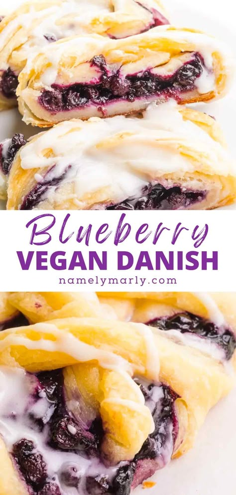 This Vegan Danish recipe offers a crispy, buttery crust, and a delightful blueberry filling, and it's all topped with a vanilla glaze. This is a perfect weekend pastry, especially if you're having guests for the weekend. No need to run to the coffee shop, have an elegant breakfast at home! #vegan #namelymarly #veganbreakfast Dairy Free Danish Recipe, Vegan Breakfast Pastry Recipes, Vegan Danish Pastry, Vegan French Pastries, Vegan Blueberry Desserts, Vegan Baking Ideas, Vegan Cheese Danish, Vegan Danish Recipe, Vegan Pasties