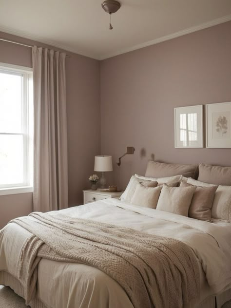 Cozy Accent Wall, Mauve Living Room, Room Painting Bedroom, Room Color Ideas Bedroom, Mauve Bedroom, Beige Walls Bedroom, Light Pink Bedrooms, Inviting Colors, Accent Wall Ideas