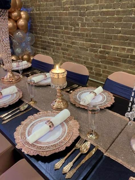 Navy Blue And Rose Gold Tuxedo, Rose Gold Place Setting Wedding, Rose Gold And Royal Blue Party, Rose Gold And Gold Table Setting, Navy Blue And Rose Gold Party Decor, Rose Gold And Navy Blue Table Decor, Rose Gold And Navy Blue Centerpieces, Navy And Rose Gold Party, Navy Blue And Rose Gold Birthday Party