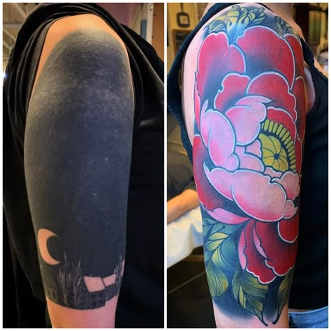 Covered up Jennifer’s black quarter sleeve with this pink and red peony. This is two sessions in. . . . . . . . . . . #tattoo #tattoos… All Black Tattoo Cover Up, Do It Yourself Tattoo, Cover Up Tattoos Before And After, Tatuaje Cover Up, Best Cover Up Tattoos, Tattoo Artists Near Me, Coverup Tattoo, Black Tattoo Cover Up, Instagram Cover