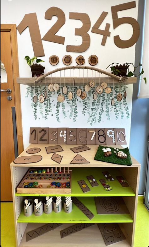 Numeracy Area Eyfs, Math Area Preschool Classroom, Reggio Maths Area, Eyfs Literacy Area, Regio Classroom Decor, Preschool Maths Area, Math Area Preschool, Reggio Bulletin Boards, Maths Display Eyfs