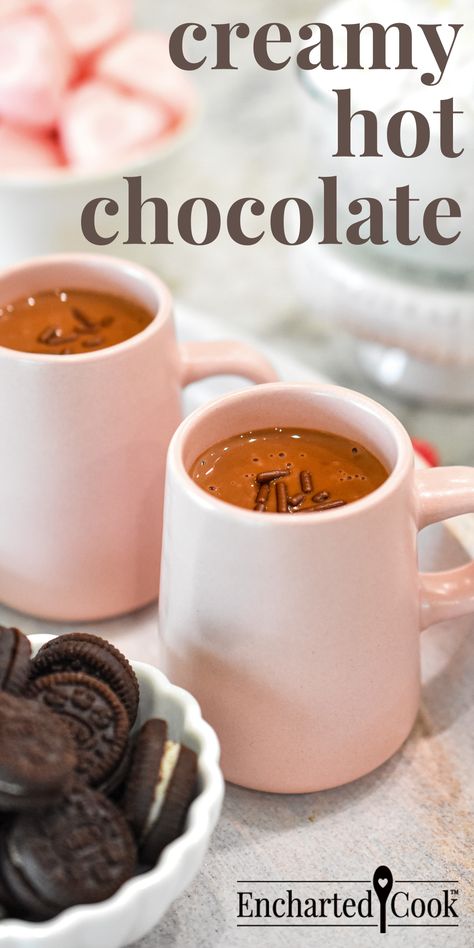 Two pink mugs filled with creamy hot chocolate with a bowl of oreo cookies with text overlay. Rich And Creamy Hot Chocolate, Hot Chocolate Recipes Stovetop, Stovetop Hot Chocolate, Stovetop Hot Chocolate Recipe, Creamy Hot Chocolate Recipe, Creamy Hot Chocolate, Hot Chocolate Milk, Hot Chocolate Cocoa, Caramel Desserts