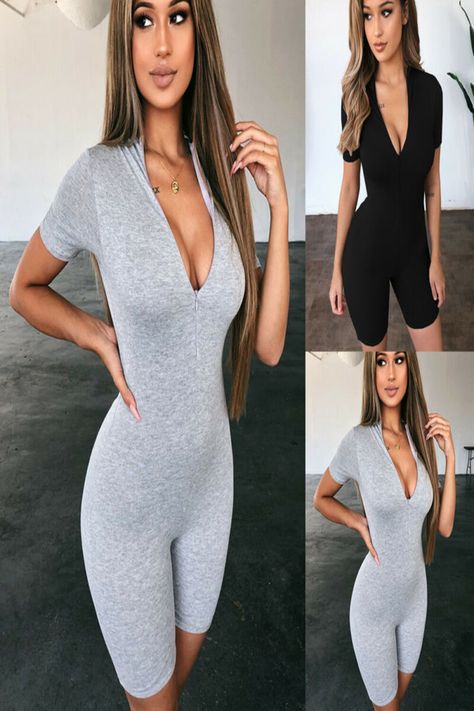 wholesale women's jumpsuits & rompers,Wholesale cheap  material -women 2020 fashion autumn bodycon playsuit on both sides sexy jumpsuit zip up party club romper jumpsuits shorts black gray from Chinese women's jumpsuits & rompers supplier - xx2015 on DHgate.com. Black Short Jumpsuit, Club Romper, Combi Short, Up Party, Cropped Jumpsuit, Short Sleeve Romper, Fashion Autumn, One Piece Bodysuit, 2020 Fashion