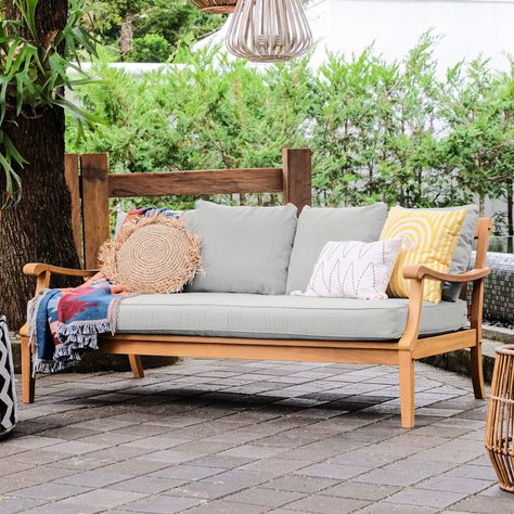 August Grove® Arola 69.5'' Wide Outdoor Teak Patio Daybed with Cushions - Wayfair Canada Washington Summer, Daybed Ideas, Maine Cabin, Sofa Daybed, Patio Daybed, Outdoor Daybed, Patio Sectional, Daybed Sofa, Beige Cushions