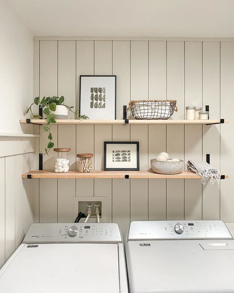 Laundry Room Open Shelving, Laundy Room, Laundry Shelves, Floating Shelf Decor, Laundry Room Shelves, Small Laundry Rooms, Rental Decorating, Laundry Room Makeover, Laundry Room Design