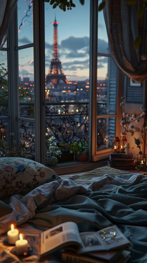 Aesthetic House Pictures, Paris House Design, House Photography Interior, Bed Window Aesthetic, Bedroom View Aesthetic, Paris House Aesthetic, City Room Aesthetic, Paris Room Aesthetic, Background Images Room