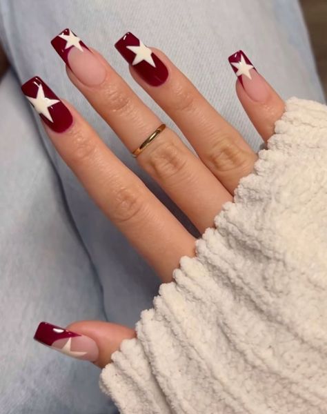 Bday Nails Square, Maroon And White Nails, Better Nails, College Nails, Red And White Nails, Aesthetic Nail, Kutek Disney, Wine Nails, Dark Red Nails