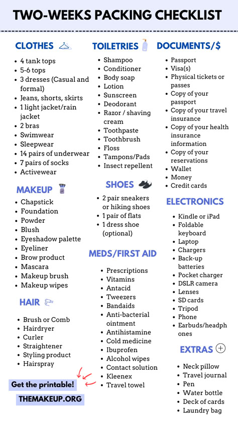 Travel Packing List: The Only Two Weeks Packing list For Peace Of Mind! [With Printable] Packing List For 2 Months, How To Pack For 2 Weeks In A Carry On, What To Pack For A Week Long Trip, Three Week Packing List, 1 Week Trip Packing List, 1 Night Packing List, 2 Day Packing List, International Packing List For Women, List For Traveling Packing