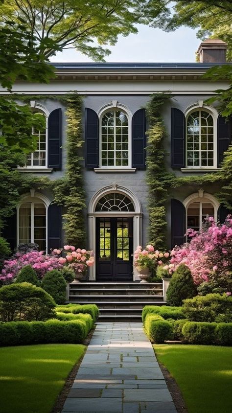 French Colonial House Exterior, Wall Cement Design, French Colonial House, House With Black Shutters, Colonial House Exterior, French Country Exterior, Colonial House Exteriors, Double Door Entrance, Cement Design