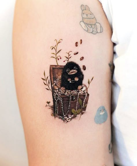 Niffler Tattoo, Totoro Tattoos, Half Sleeve Forearm, Moon And Flowers, Harry Potter Sketch, Hp Tattoo, Potter Tattoo, Animal Tattoo Ideas, Small Flower Tattoos