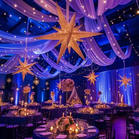 Debut Theme Ideas, Arabian Nights Prom, Drapes For Wedding, Starry Night Wedding Theme, Prom Venues, Starry Night Prom, Debut Theme, Ceiling Drapes, Arabian Nights Party