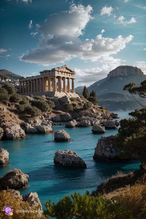 Greek Temple on the Cliffs: Where History Meets Nature | Art, Digital Art  The Greek temple on the cliffs represents a point where history meets nature. The digital artwork captures its grandeur amidst the rugged landscape, creating a compelling visual story. This image was generated using Stable Diffusion. #GreekTemple #HistoryAndNature #Art #DigitalArt Greek Landscape Art, Greek Temple Illustration, Greek Temple Art, Greek Vineyard, Grecian Aesthetic, Theros Art, Greek Artwork, Greek Landscape, Greece Design