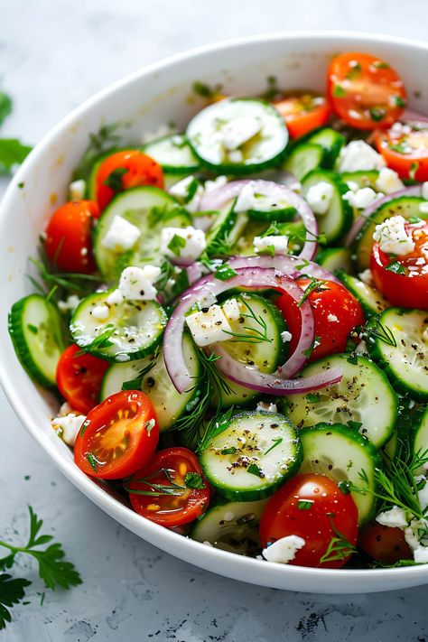 Healthy Pretty Food, Tomato Cucumber Feta Salad, Salad Plating, Cucumber Tomato Feta Salad, Tomato Feta Salad, Tomato And Cucumber Salad, Cucumber And Tomato Salad, Simple Family Meals, Fresh Salad Recipes