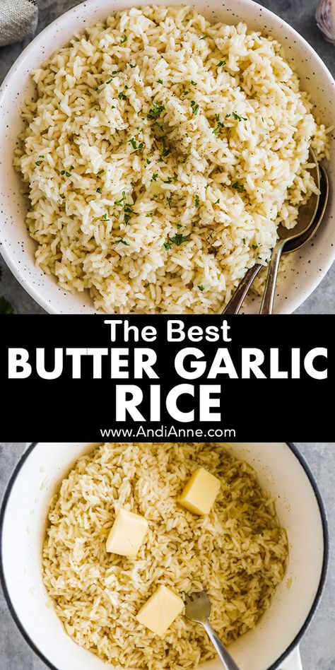 Garlic Butter Rice White Jasmine Rice, Buttered Rice Recipe, Rice Recipes Side, Garlic Butter Rice, Side Dish For Dinner, Rice Dishes Recipes, Jasmine Rice Recipes, White Rice Recipes, Herb Dressing