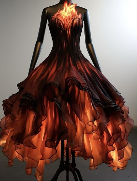 Black Fire Dress, Fire Inspired Gown, Fire Prom Dress, Fire Fantasy Outfit, Fire Fashion Design, Fire Dress Aesthetic, Flame Costume Women, Fire Dress Design, Fire And Ice Party Theme Outfit