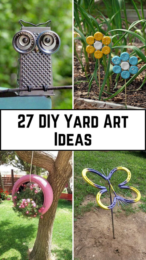 A vibrant yard featuring DIY yard art, including painted rocks, upcycled planters made from old tires, hanging lanterns, and garden sculptures made from recycled materials. Diy Spring Outdoor Decor, Outdoor Decor Backyard Diy, Front Yard Decor Ideas Diy Budget, Funky Patio Ideas, Upcycled Yard Art, Outdoor Art Ideas, Upcycle Yard Decor, Outdoor Garden Decor Ideas Diy Projects, Old Bicycle Garden Ideas