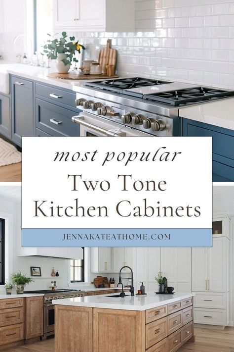 Explore stylish two tone kitchen cabinets with beautiful two tone kitchen cabinets color combinations that bring personality to any two tone kitchen. These inspiring two tone cabinets options offer a modern, fresh look with unique color pairing ideas. Natural Wood Mixed With Painted Cabinets, Different Top And Bottom Cabinets, Two Toned Island Kitchen, Half Painted Cabinets Kitchen, Painted Cabinets With White Countertops, Teo Toned Kitchen Ideas, Bicolor Kitchen Cabinets, White And Wood Two Tone Kitchen, Ombre Kitchen Cabinets