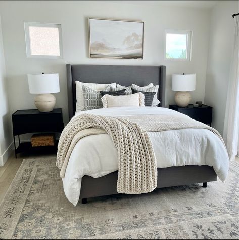 Dark Grey Bed In Bedroom, Gray Bedroom Interior, Master Bedding Ideas Cozy Bedroom Simple, Grey Headboard Brown Bedding, White Bedding With Grey Headboard, Neutral Bedding Grey Headboard, Gray Bed With Black Furniture, Neutral Bedding Ideas With Grey Headboard, Bedroom Decor Grey Furniture