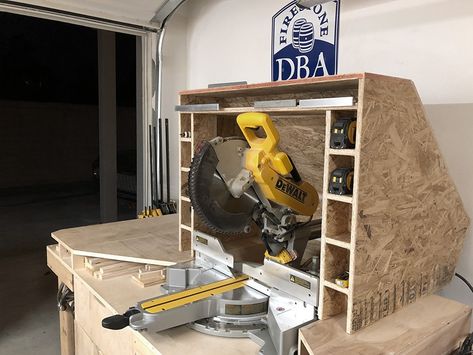 Miter Saw Station & Dust Collection - Jeremy Schuler Mitersaw Station, Shop Workbench, Mitre Saw Dust Collection, Miter Station, Osb Plywood, Miter Saw Station, Saw Station, Mitre Saw Station, Saw Dust