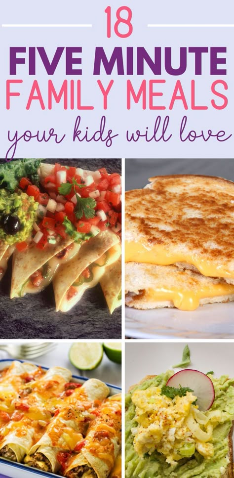 Here are 18 five minute family meals perfect for lazy dinners! These meals take just 5 minutes of prep time (and occasionally some oven time), and every single one has been tested for quality by our kids. Five Minute Meals, Five Minute Recipes, 5 Min Meals, Lazy Meals, 5 Dinners, Lazy Dinners, 5 Minute Meals, Cooking Tricks, Dinners Recipes