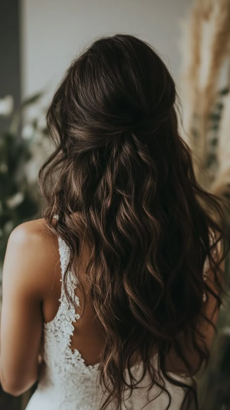 Looking for elegance on your wedding day? These 57 hairstyles for dark-haired brides bring sophistication to the next level. Choose from polished updos or flowing curls to match your bridal style. Discover them all now! #elegantbride #darklocks #bridalhairstyles Wedding Hairstyle Brunette, Hairstyles For Ball Gowns Brides, Half Up Bridal Hair With Veil Long Curls, Dark Brown Hair Bride Wedding Hairstyles, Wedding Ideas Hairstyles, Wedding Hair Inspo With Veil, Wedding Brunette Hairstyles, Bridal Hair And Makeup Half Up, Bridesmaid Hair Dark Brown