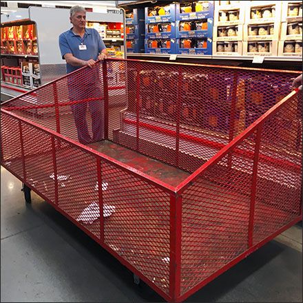 Caught during roll-out at shift change, the size and scope of this Mobile Perforated Metal Bin is far more apparent empty than full. Normally on duty near the Warehouse Club check stands, these bin… Dustbin Ideas, Wood Storage Ideas, Metal Bins, Warehouse Ideas, Expanded Metal Mesh, Warehouse Club, Expanded Metal, Turtle Tank, Perforated Metal