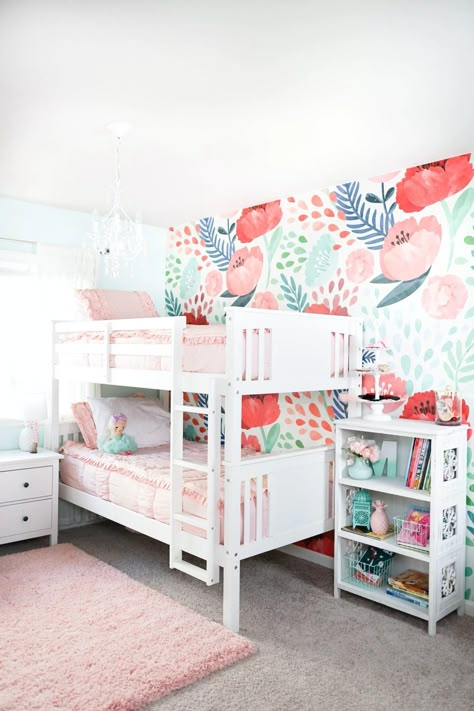 We are sharing 20+ adorable girls bedrooms with bunk beds over on our blog! If you've been on the fence on whether or not to get a bunk bed, this post should help you make your decision! Beddys Bedding, Girls Bedroom Wallpaper, Fantasy Bedroom, Big Girl Bedrooms, Bedroom Updates, Bedroom Wallpaper, Shared Room, Trendy Bedroom, Pink Bedding