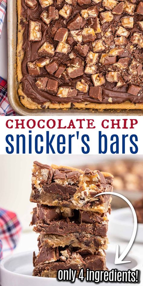 Looking for a treat that's delicious, yet easy enough to whip up in minutes? These Chocolate Chip Snicker's Bars take just minutes to bake with four ingredients! The perfect dessert for busy bakers and Snickers candy lovers alike. Pillsbury Chocolate Chip Cookie Dough Recipes, Pillsbury Cookie Dough Recipes, Pillsbury Chocolate Chip Cookie Dough, Pillsbury Chocolate Chip Cookies, Snickers Bars Recipe, Chocolate Chip Cookie Dough Bars, Snickers Dessert, Snickers Chocolate Bar, Pillsbury Cookie Dough