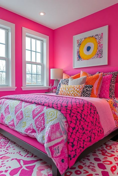 Pink Paint Bedroom, Neon Pink Room, Bright Pink Bedroom, Fantasy Bedroom Ideas, Hot Pink Room, Hot Pink Bedrooms, Cloud Bedroom, Pink Bedroom Walls, Best Rooms