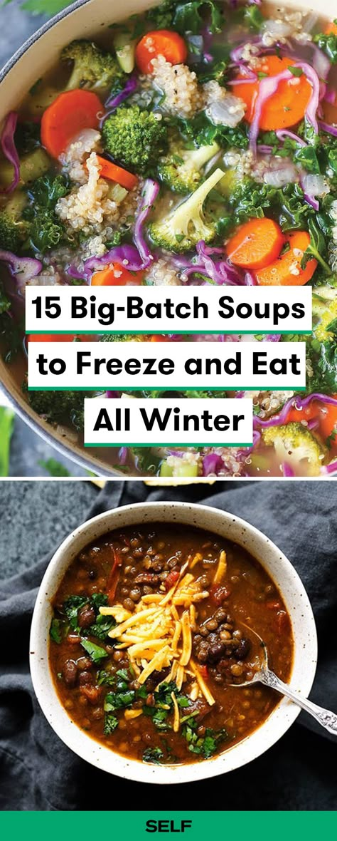 These delicious make ahead soups are great to freeze and reheat whenever you're ready to eat! These healthy soups will keep you warm during the winter with yummy ingredients like kale, lentils, quinoa, and chickpeas you can toss in the slow-cooker. Make these soup recipes part of your meal prep routine. Soups To Freeze, Freezable Soups, Quinoa And Chickpeas, Recipes Lentils, Freezing Soup, Freezer Soups, Freeze Ahead Meals, Healthy Frozen Meals, Freezer Dinners