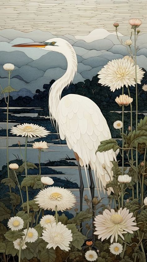 Download premium image of Traditional japanese stunning heron painting animal plant. by Ling about japanese egret, heron, animal, animal wildlife, and ardeidae 14074051 Stork Japanese Art, Japanese Paintings Aesthetic, Egret Watercolor Painting, Japanese Art Prints Illustrations, Japanese Plant Art, Asian Crane Art, Egret Drawing, Japanese Painting Traditional, Japanese Inspired Painting